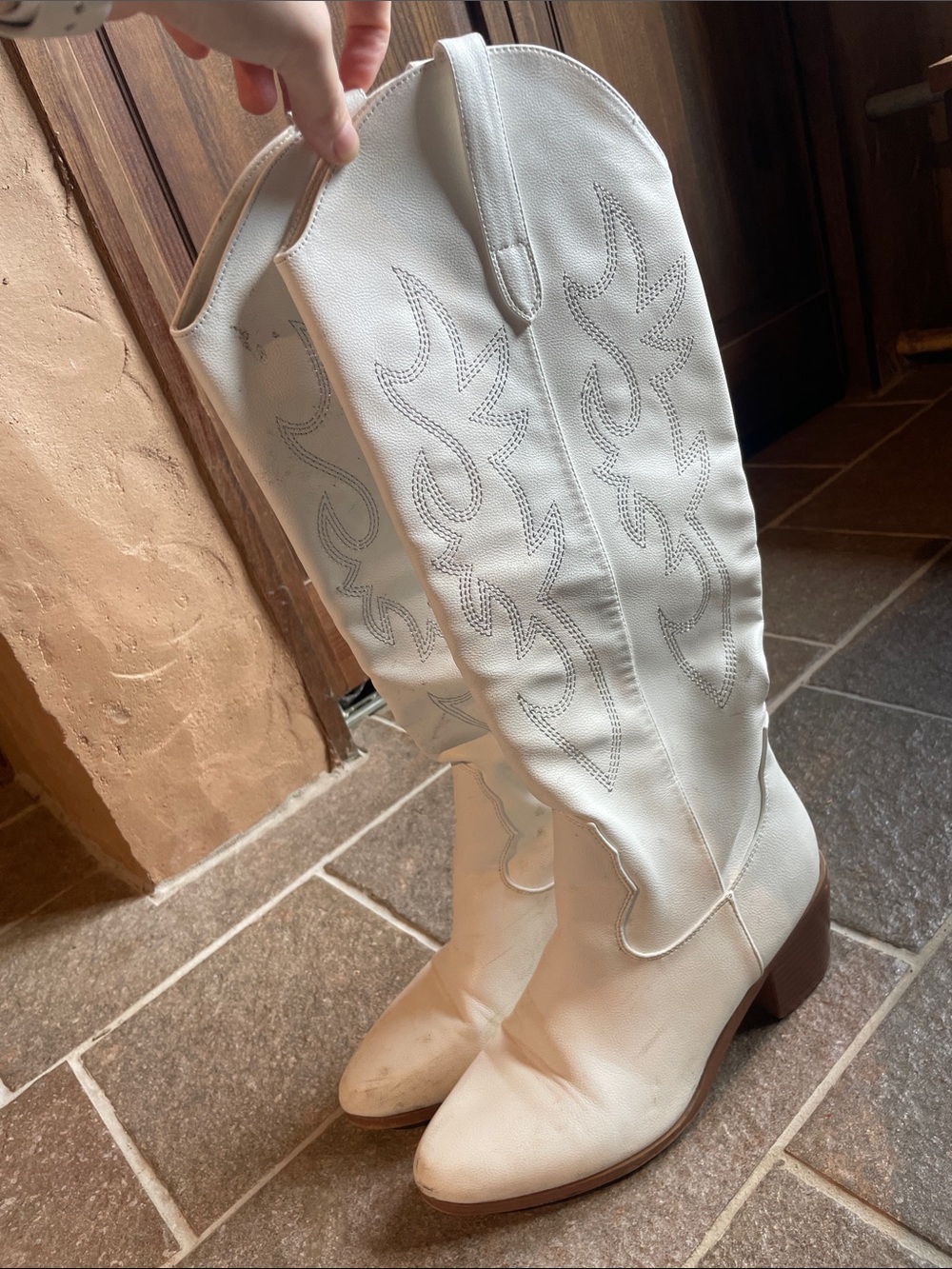 Women's White Over-the-Knee Western Boots with Embroidered Detail